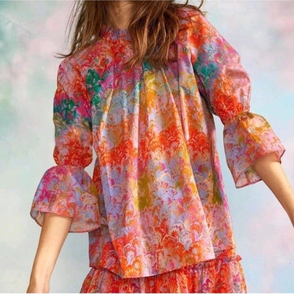 Cynthia Rowley Multicolor Floral Ruffle-Sleeve Blouse